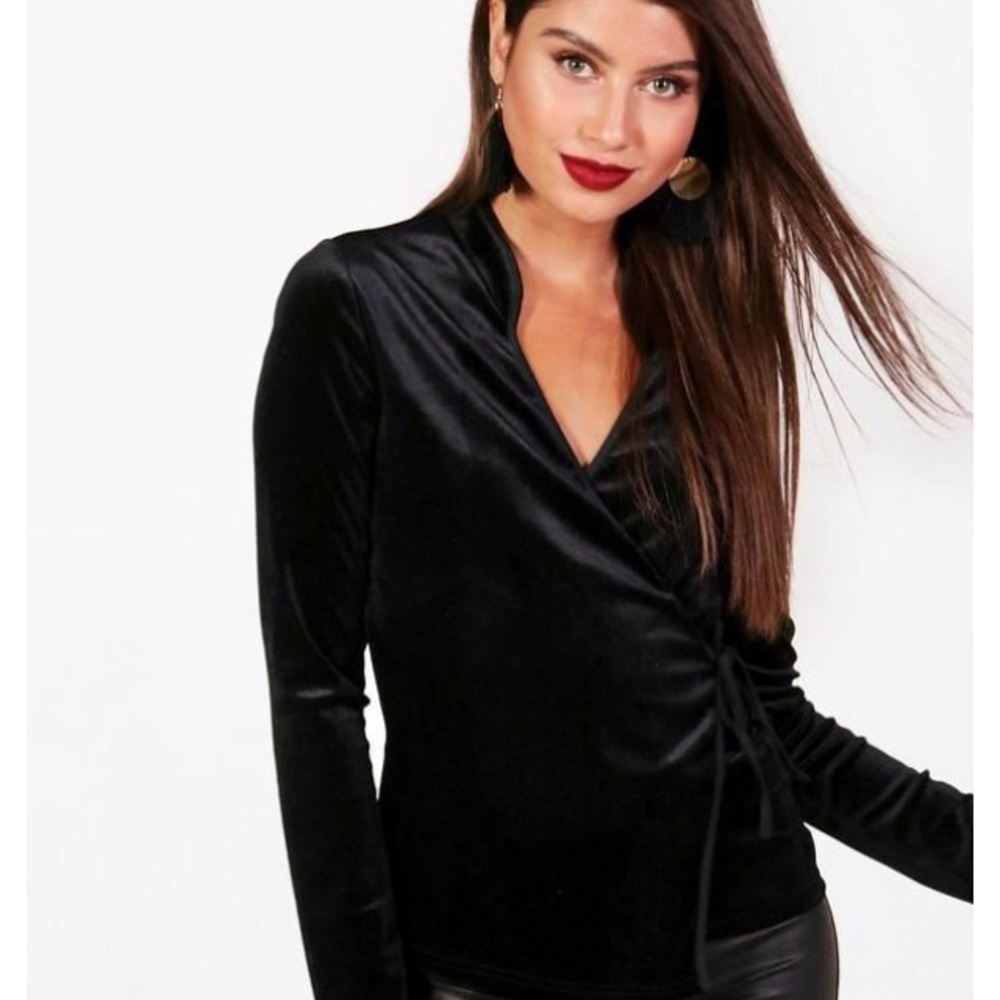 Boohoo Velvet Piped Wrap Top
